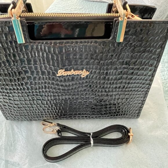 Embossed Croc PU Leather Navy Crossbody Satchel Removable Strap NWOT - Picture 7 of 7